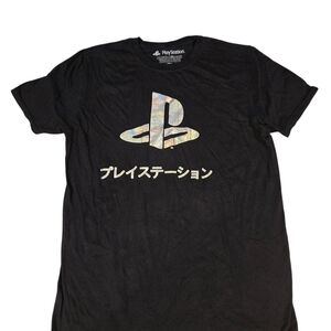Womens Black Medium Playstation T-Shirt Silverish Reflective Logo Gamer Swag Tee